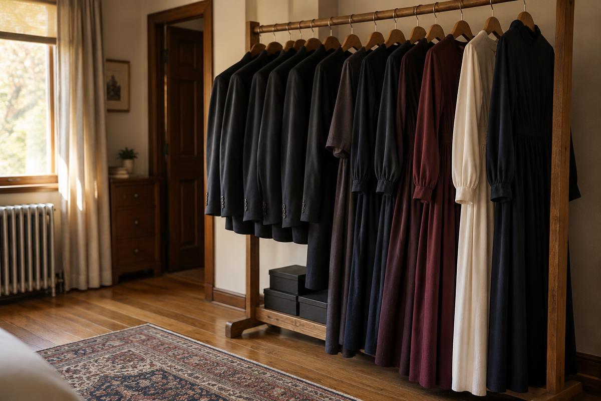 Dark suits, white shirts and modest dresses in a family home