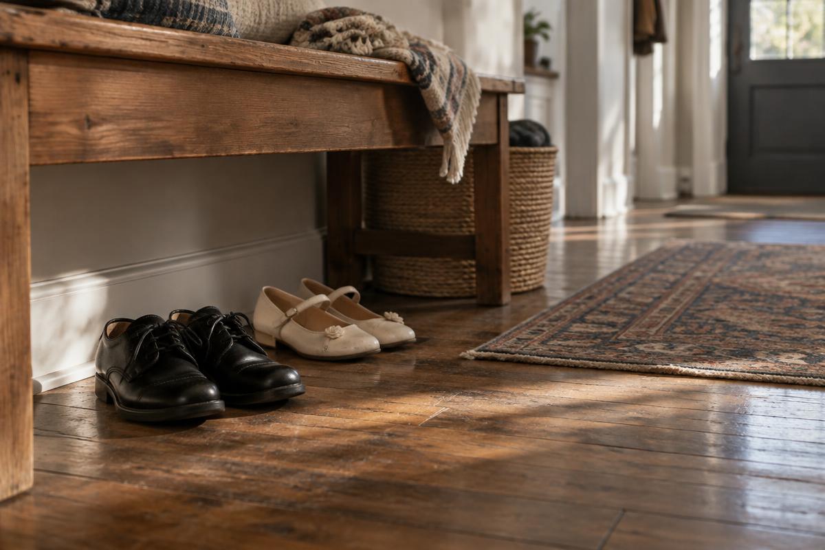 Boys' black dress shoes and girls' cream shoes by a hallway bench