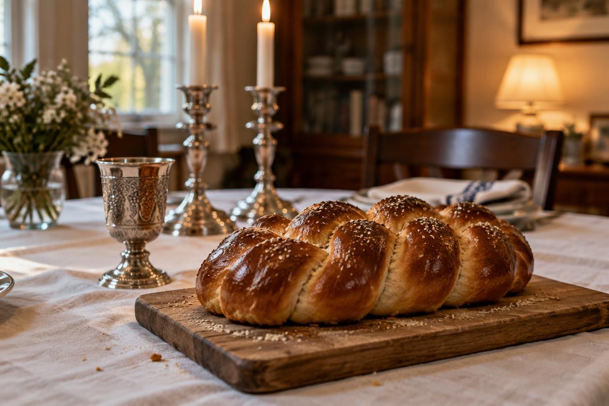 Challah and a silver becher on a dressed Yom Tov table