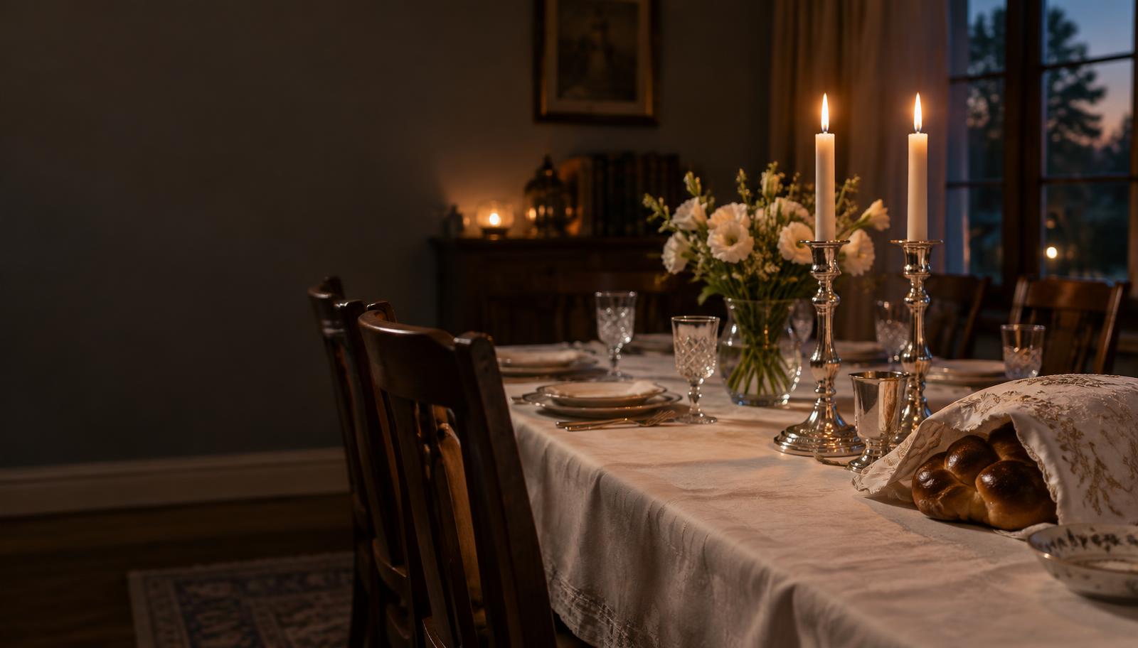 A warmly lit Yom Tov dining room with silver candlesticks and challah