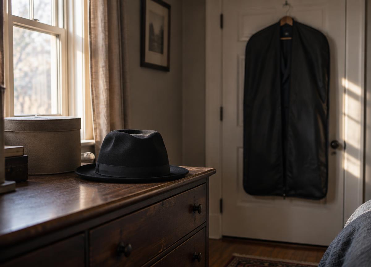 A black felt hat on a wooden dresser with a garment-bagged suit behind