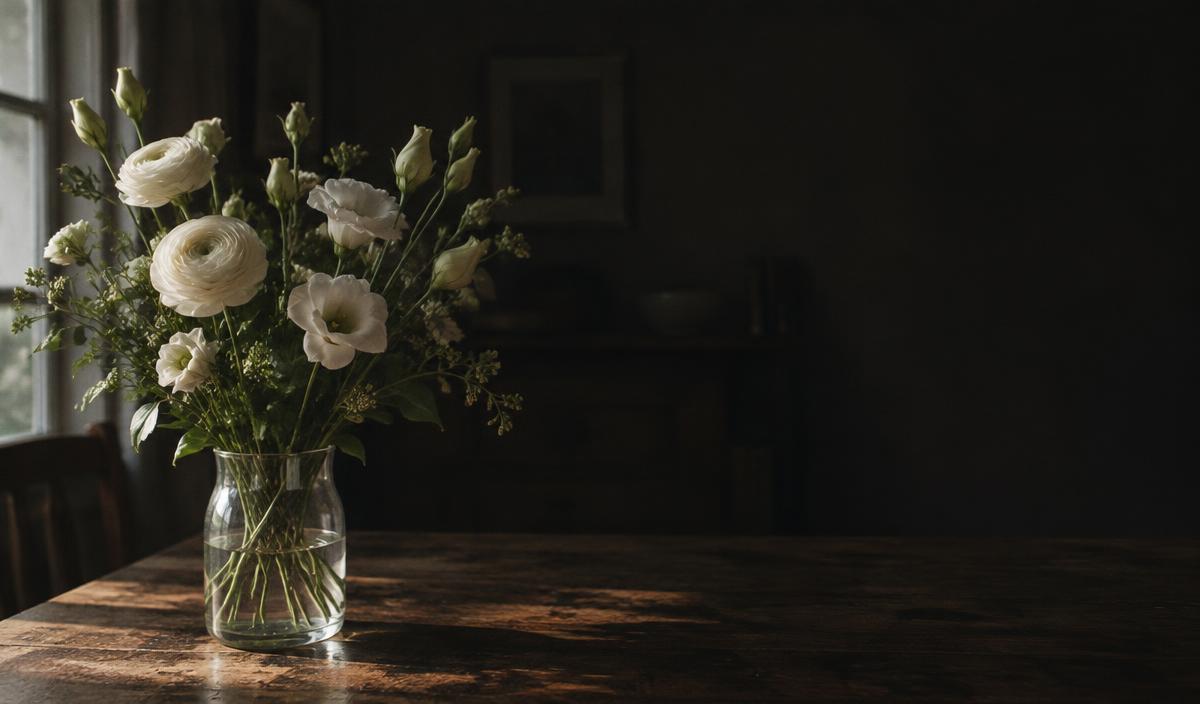 White flowers in a glass vase in soft window light
