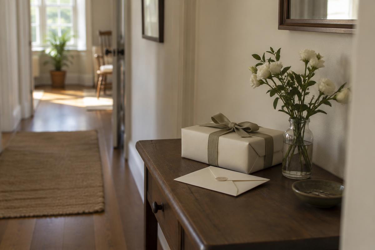 A wrapped gift and sealed envelope on a hallway table