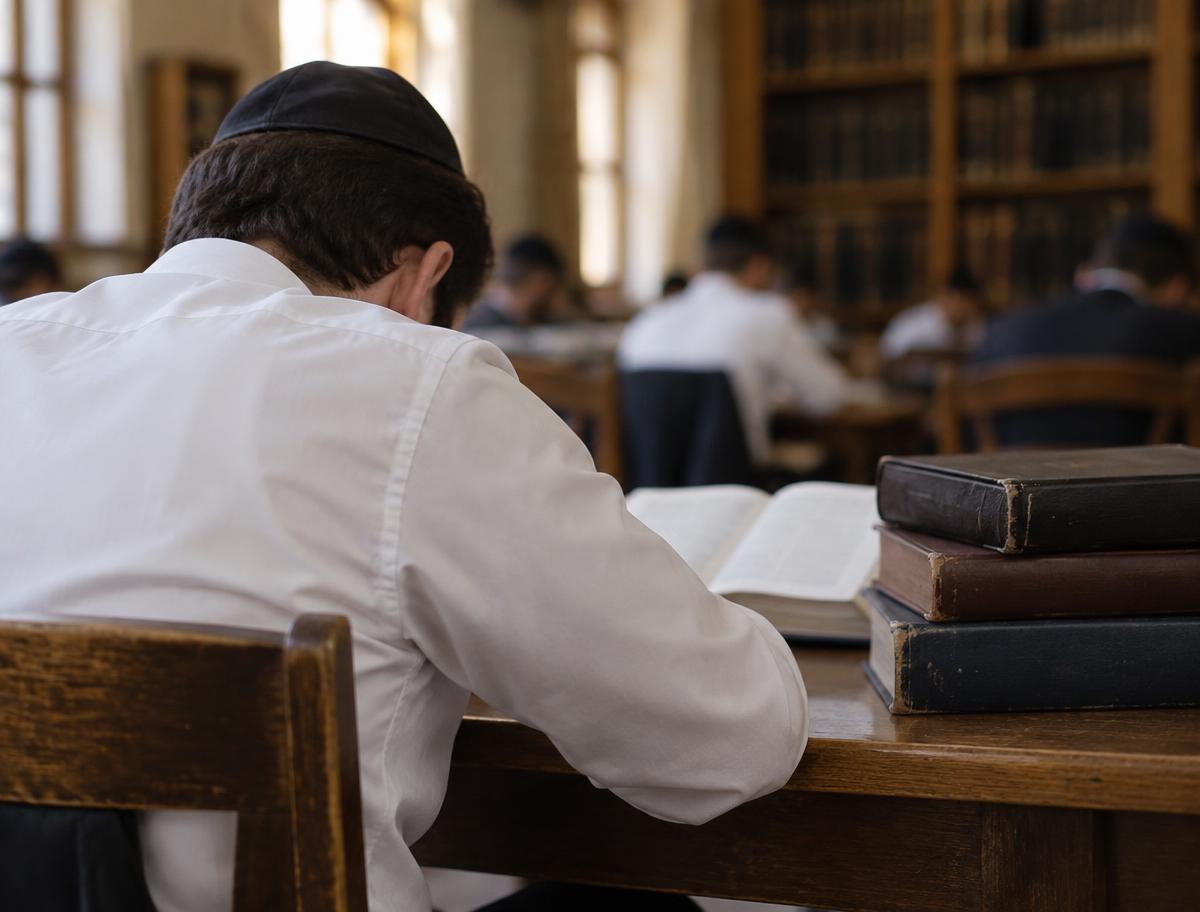 A man seen from behind learning from an open sefer in a beis medrash