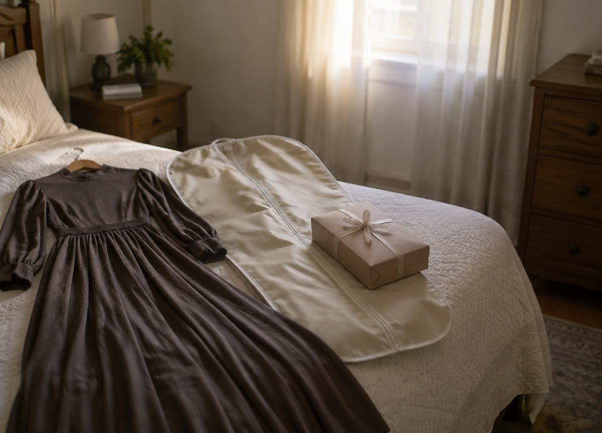 A modest dress, garment bag and boxed gift in a family bedroom